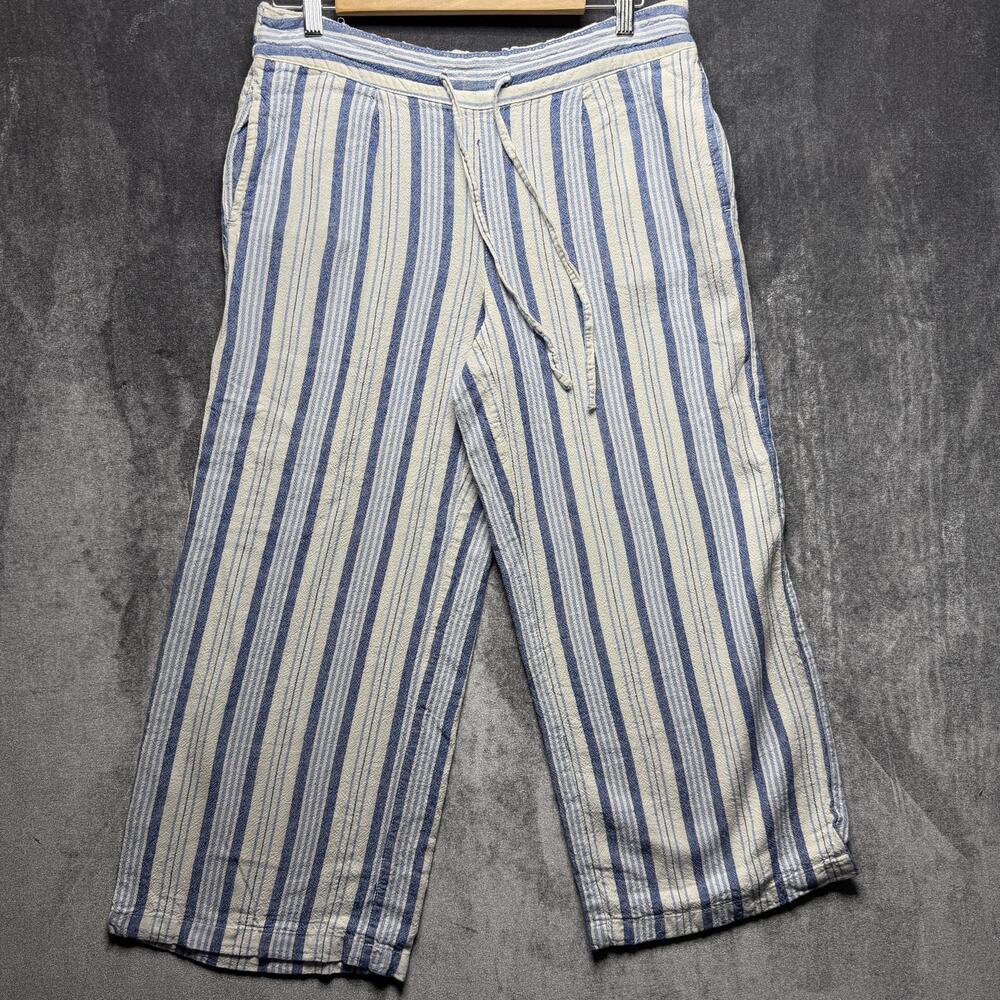 Per Se Pants Womens Medium Blue Stripe Linen Cropped Wide Leg Casual Travel